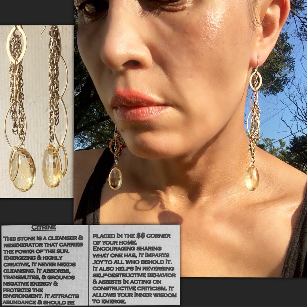 Genuine Citrine Long Teardrop Earrings, 14k Gold